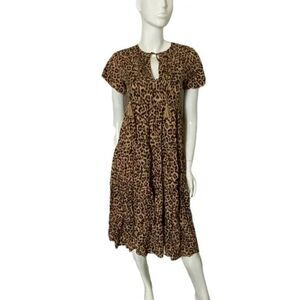 Olivaceous Small Tan Black Leopard Print Tiered Short Sleeve Dress Midi NWOT